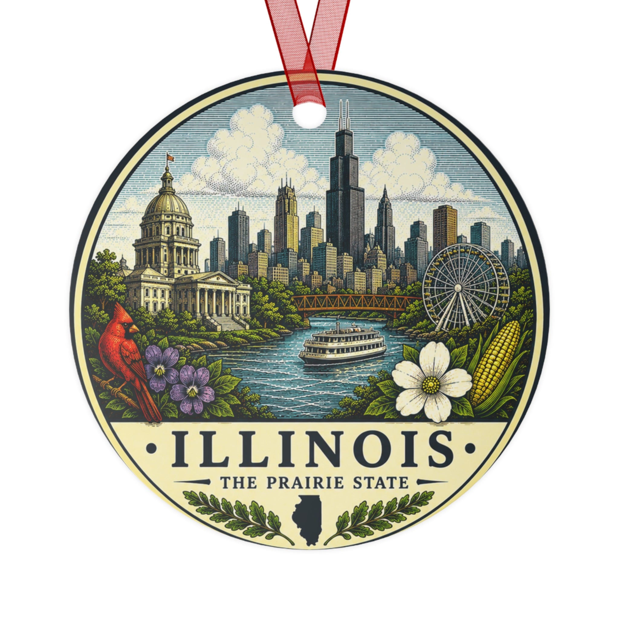 Illinois Skyline Ornament | Metal State Ornament, Chicago Riverboat & Cityscape