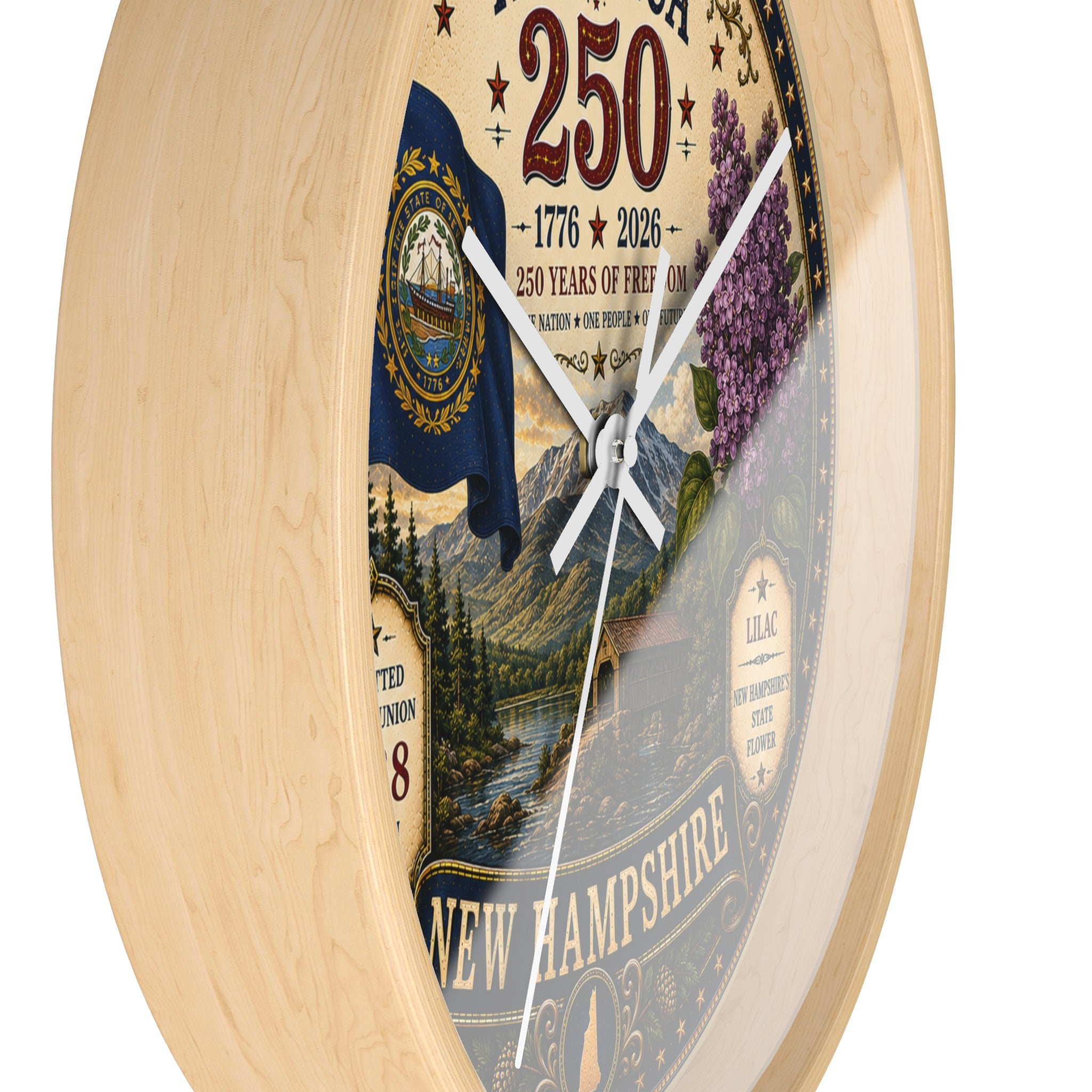 New Hampshire State Seal 250th Anniversary Wall Clock | America 1776-2026, Lilac, Rustic