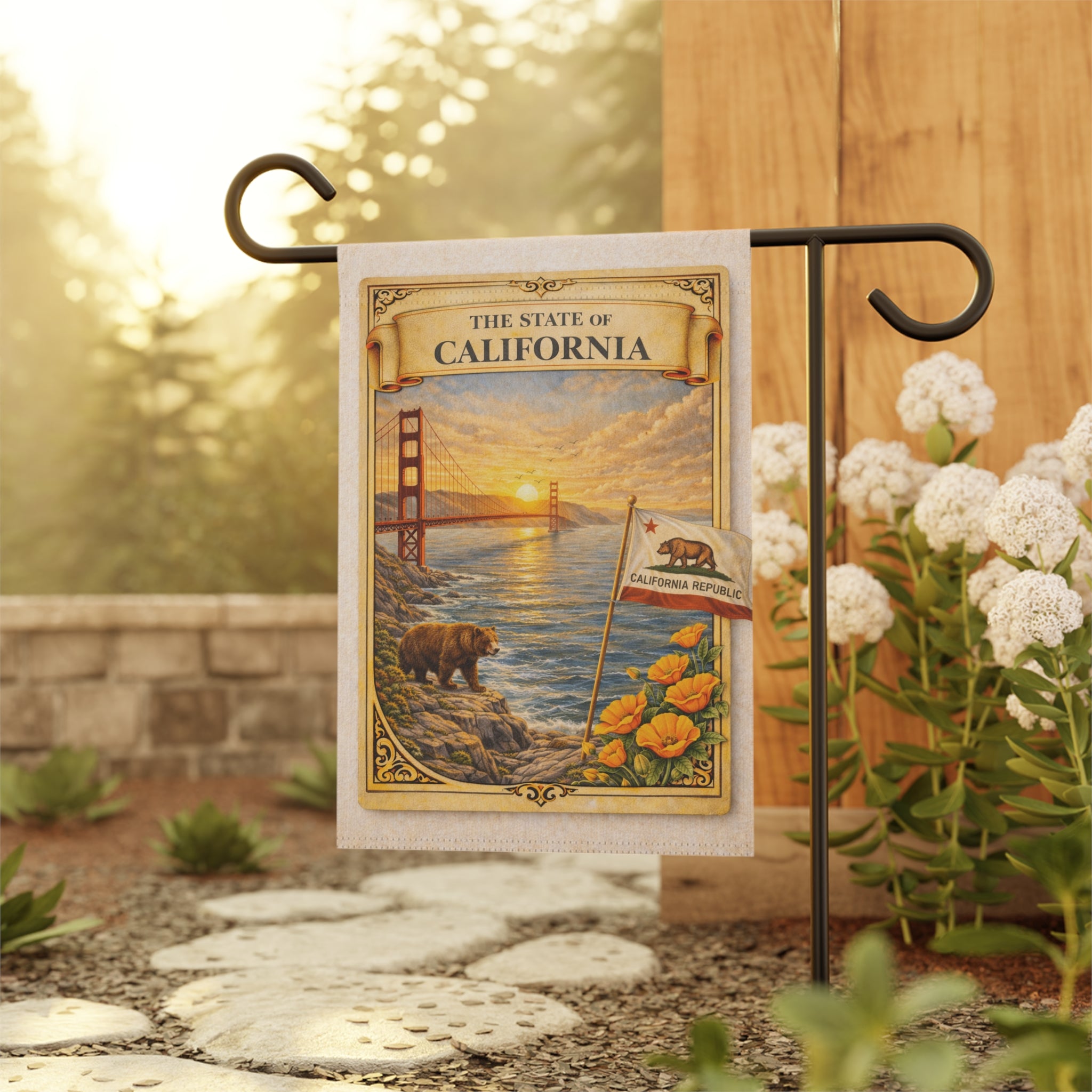 California State Scenic Poster Garden Flag | House Banner, Golden Gate, Bear & Poppies