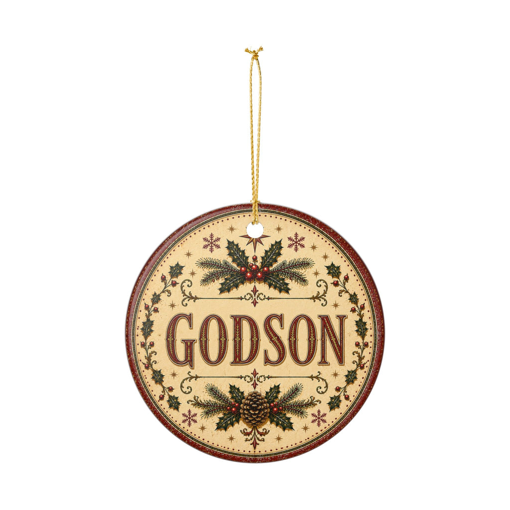 Godson Christmas Ornament | Ceramic Holiday Decoration, Pinecone Holly Design