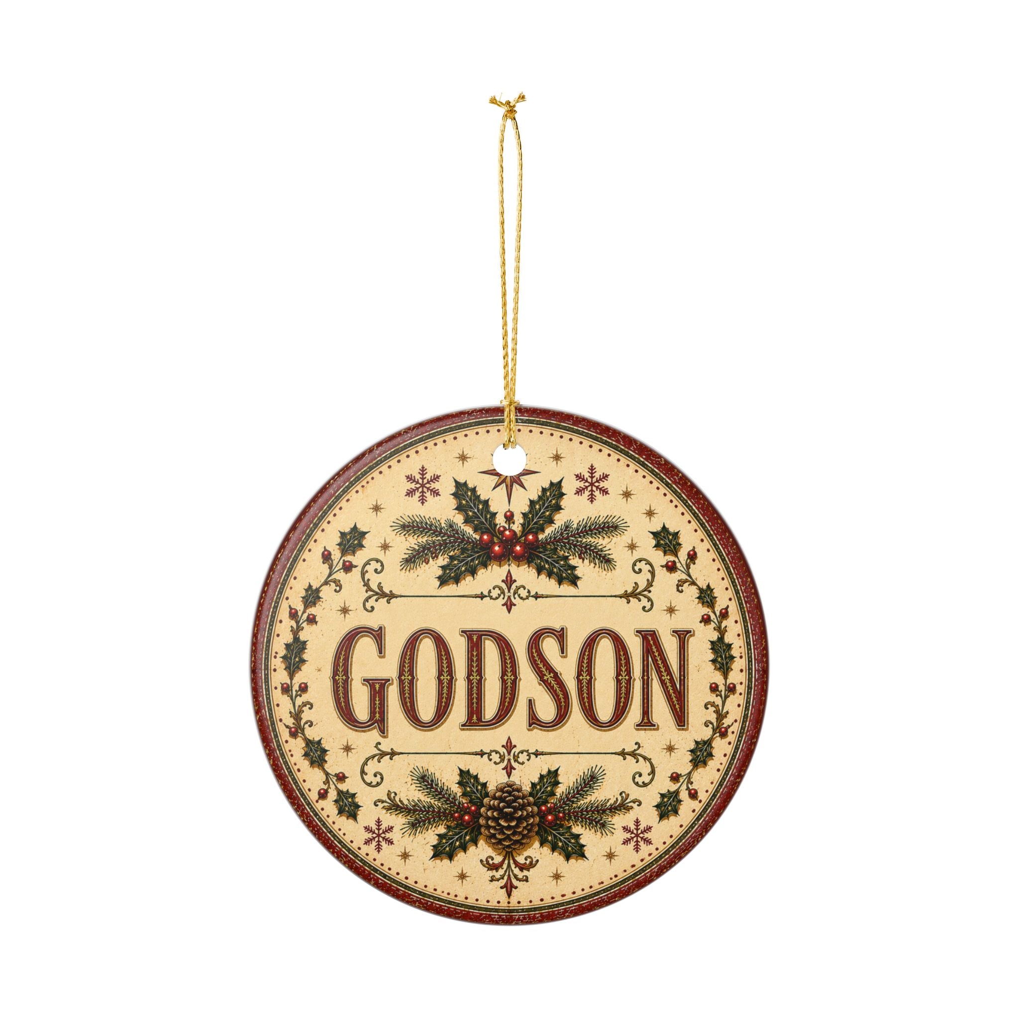 Godson Christmas Ornament | Ceramic Holiday Decoration, Pinecone Holly Design