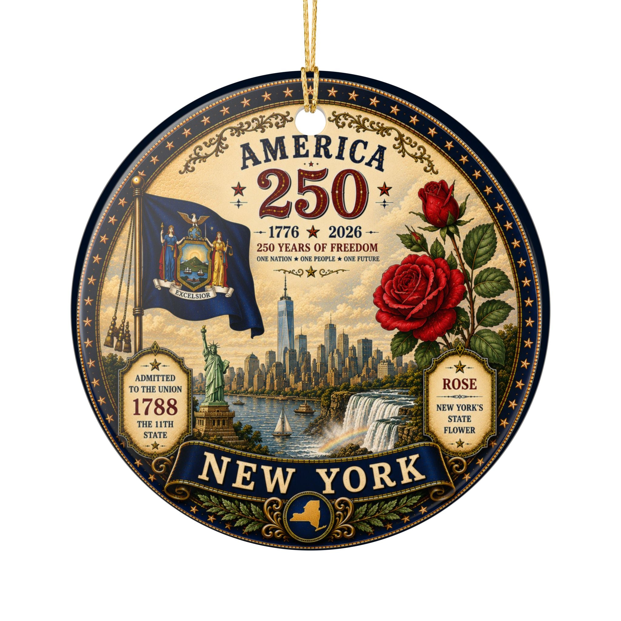 America 250 New York Ornament | State Flag, Rose, Skyline 1776-2026