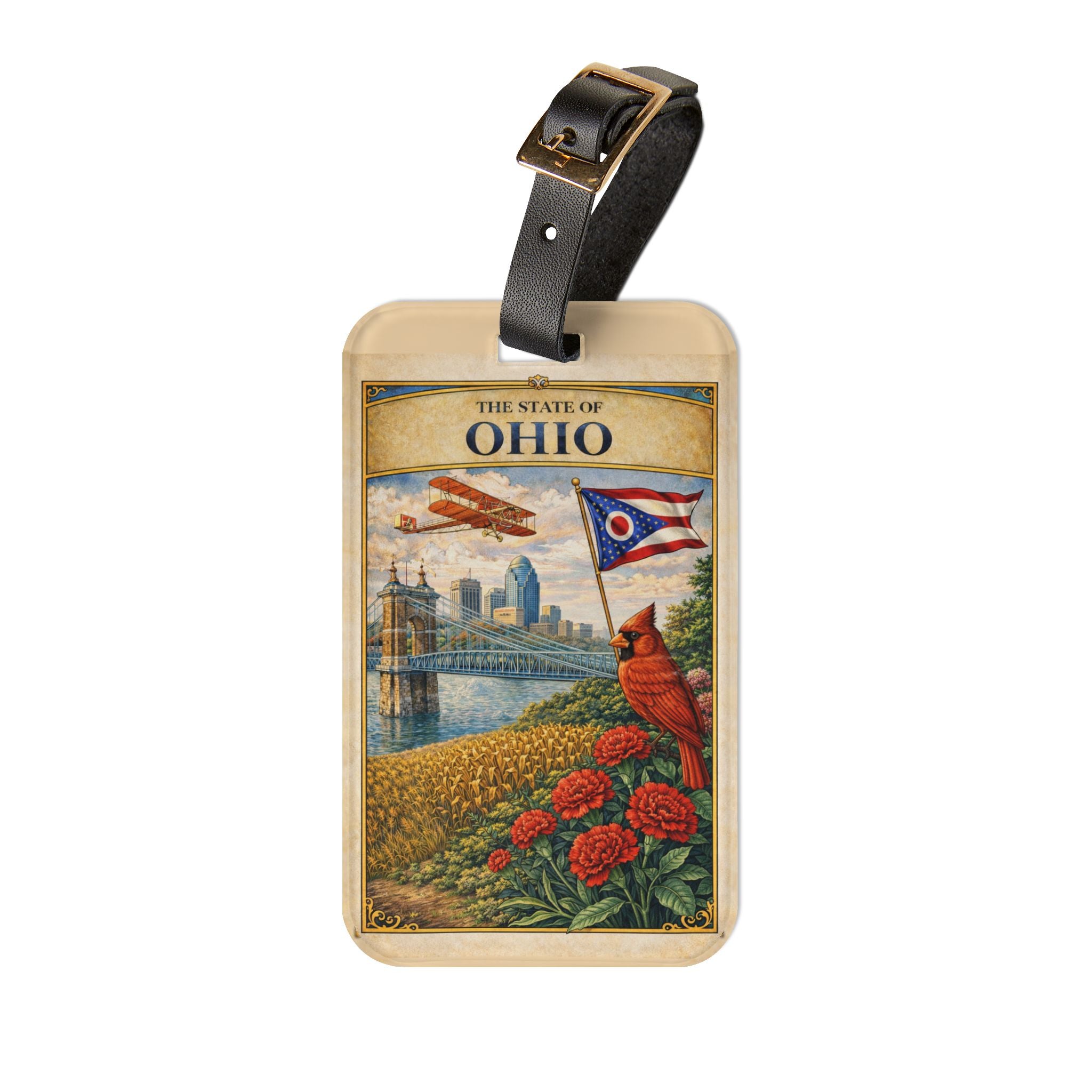Ohio State Vintage Travel Luggage Tag | Cardinal, Skyline, State Flag