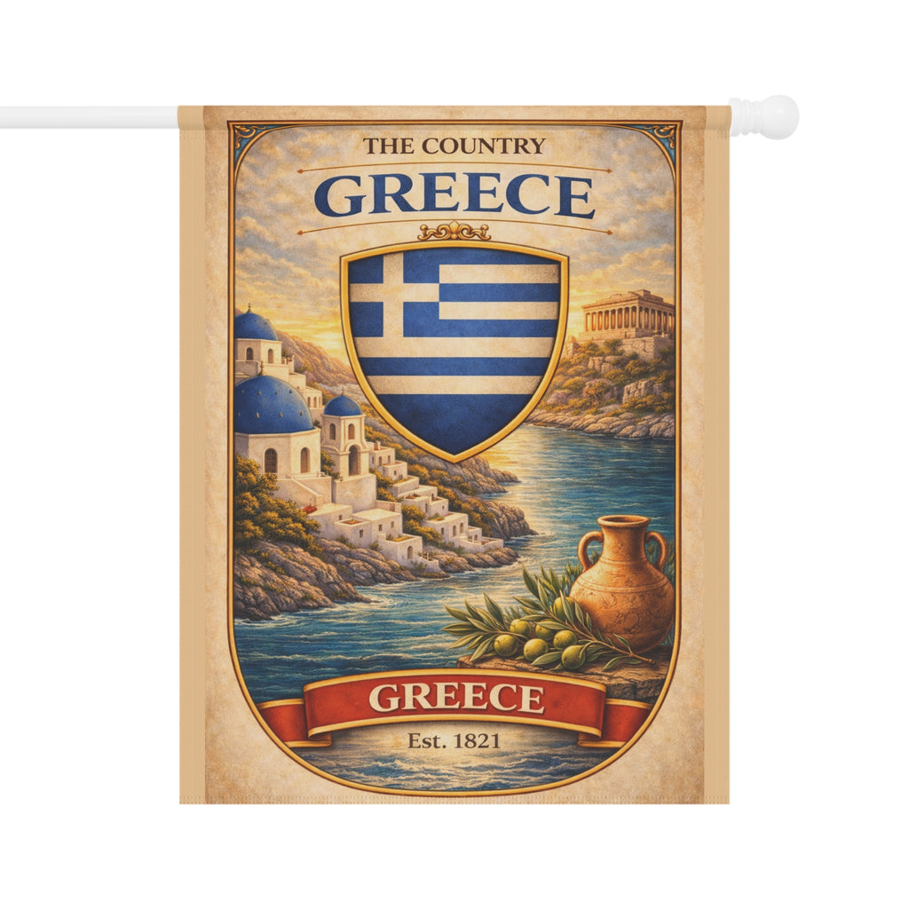 Greece Coastal Crest garden flag | Greece house banner, Mediterranean village design