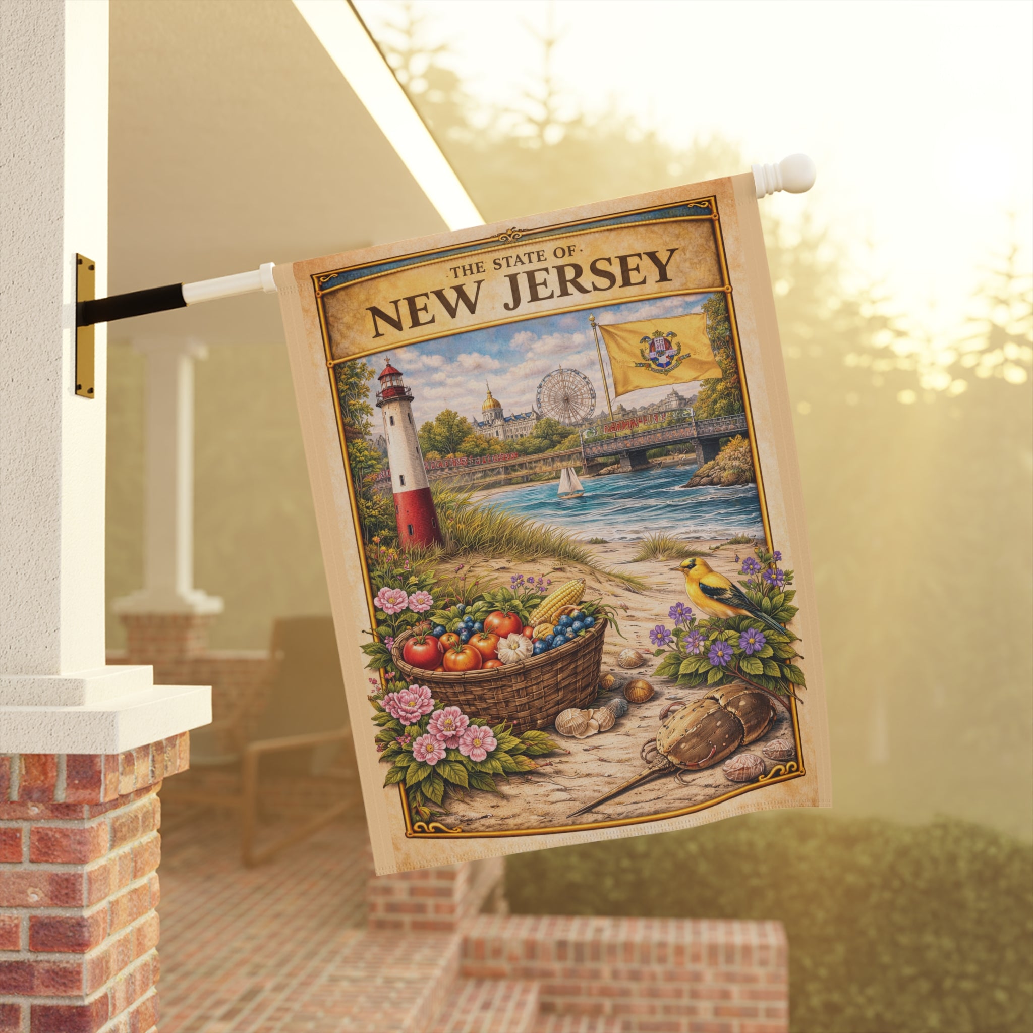 New Jersey Vintage Lighthouse Garden & House Banner | State Scene, Coastal Basket