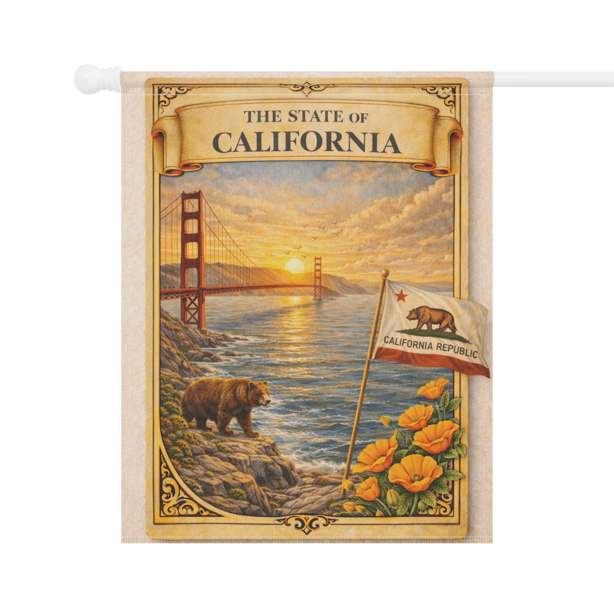 California State Scenic Poster Garden Flag | House Banner, Golden Gate, Bear & Poppies