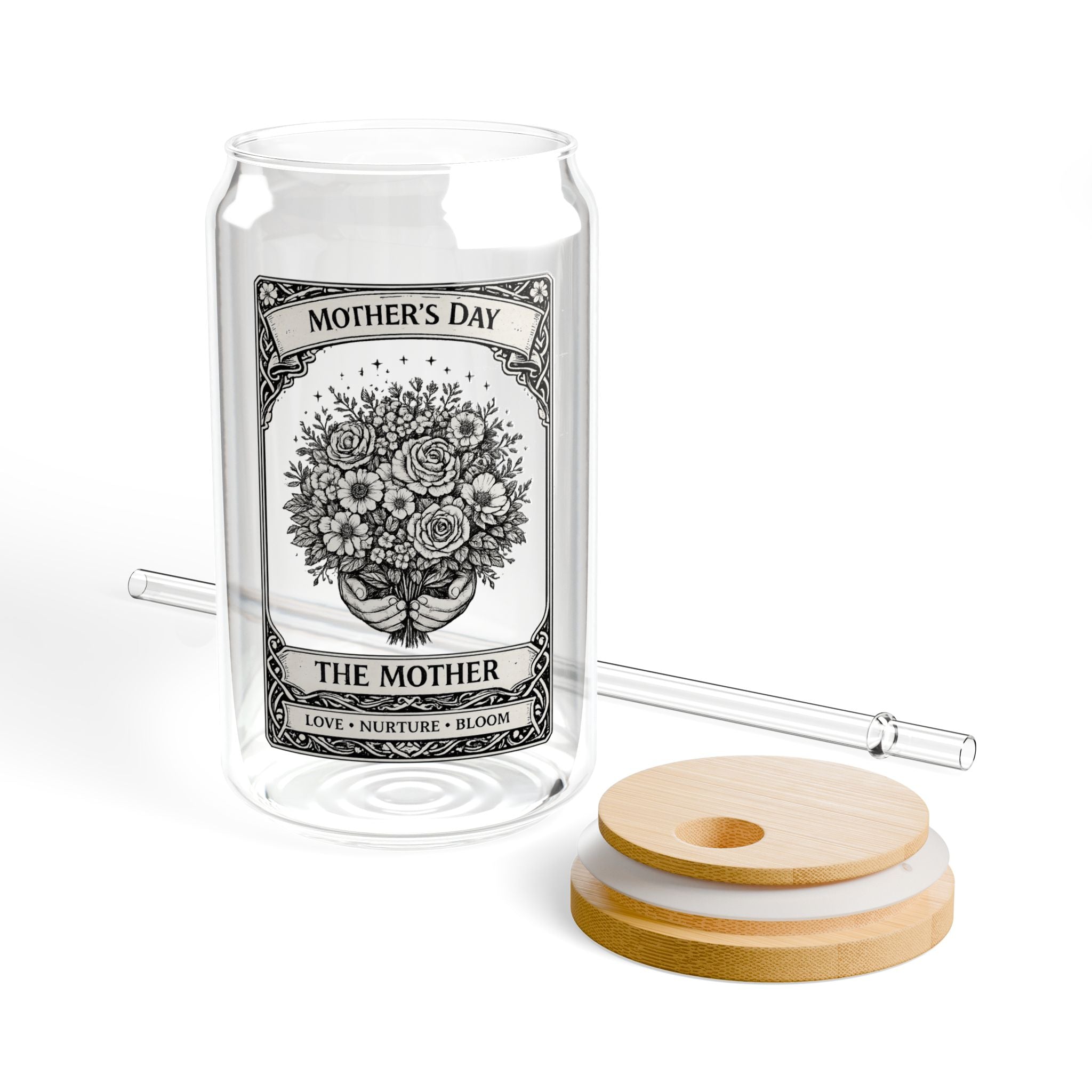 Mother's Day Floral Bouquet Sipper Glass 16oz | Vintage Black & White Label