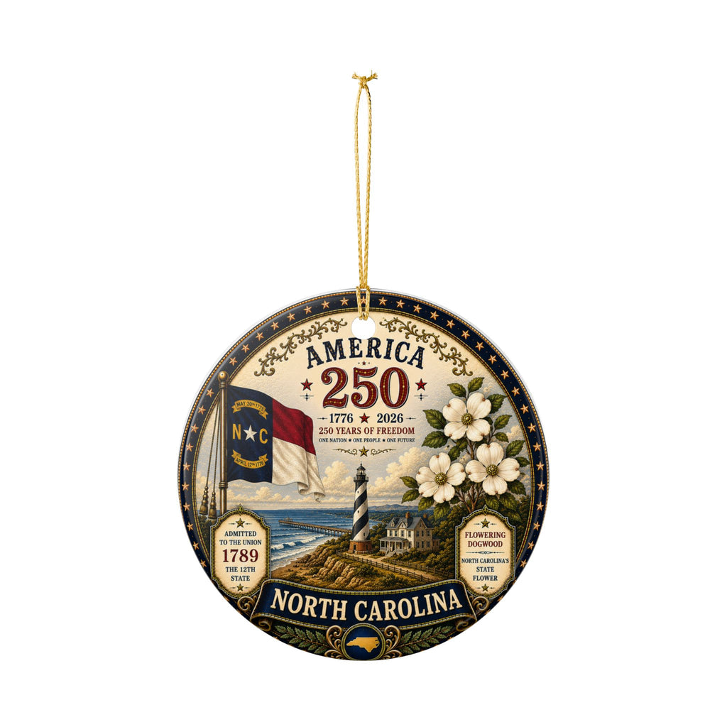 America 250 North Carolina Ceramic Ornament | Lighthouse, Dogwood, State Flag