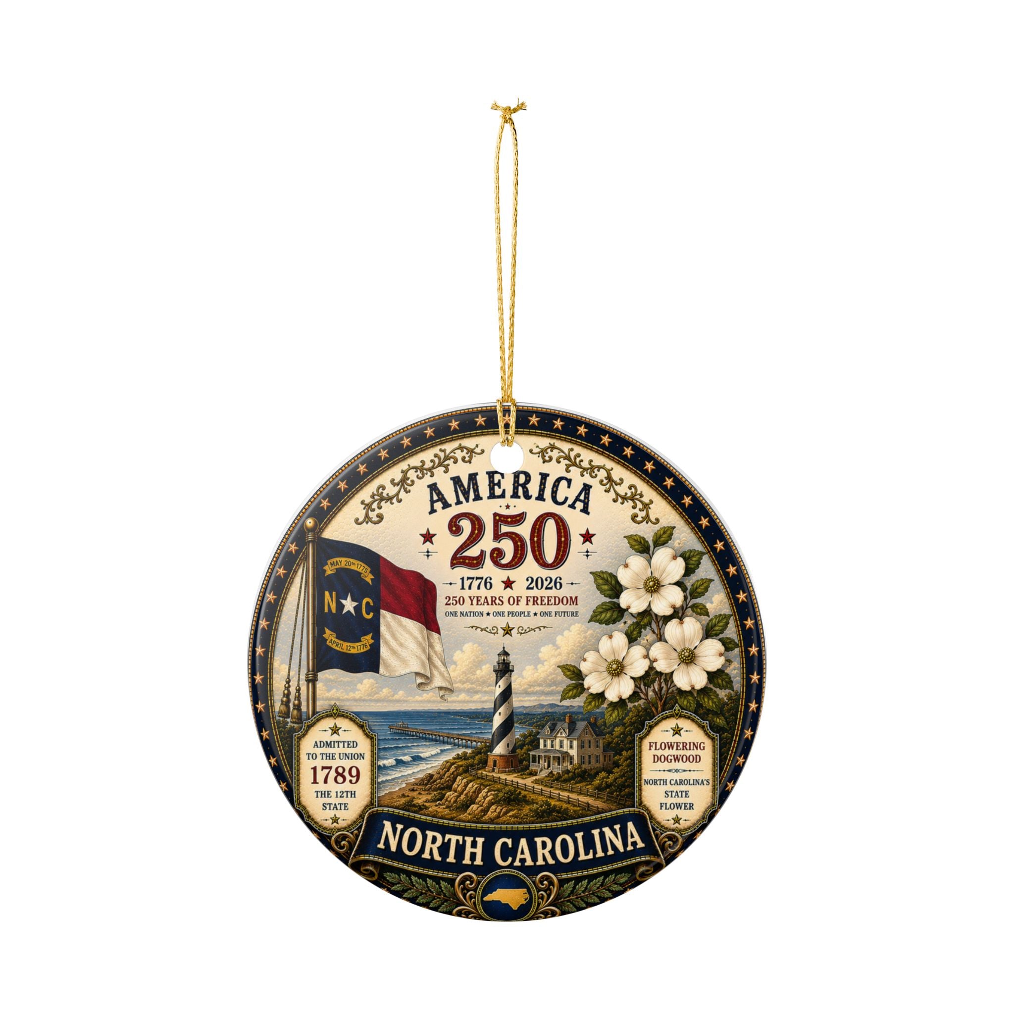 America 250 North Carolina Ceramic Ornament | Lighthouse, Dogwood, State Flag