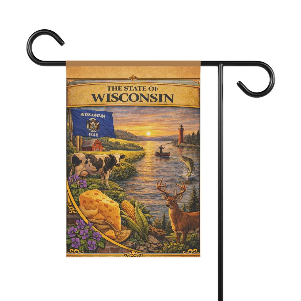 The State of Wisconsin Garden Banner | Flag, Lake Scene, Cow & Deer