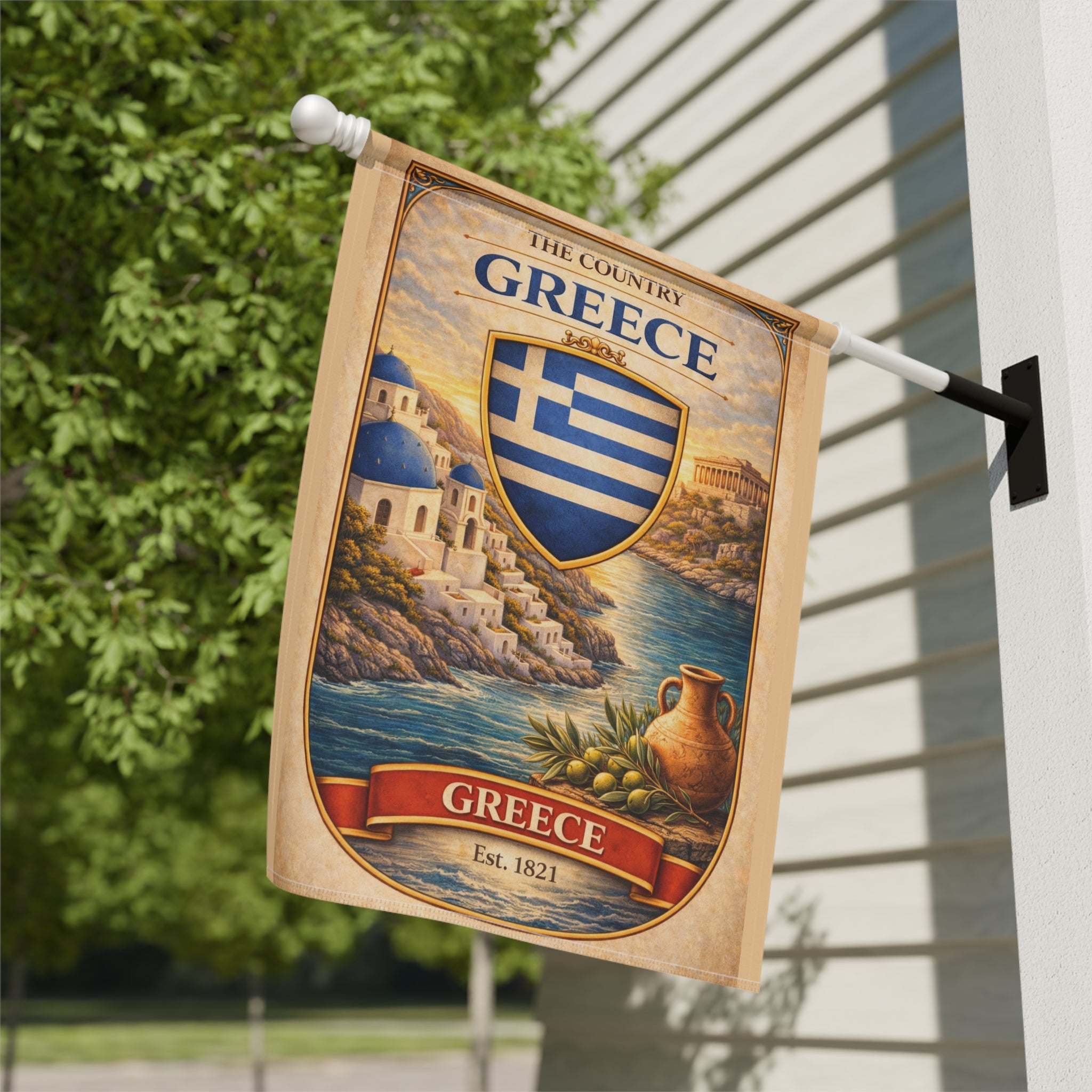 Greece Coastal Crest garden flag | Greece house banner, Mediterranean village design