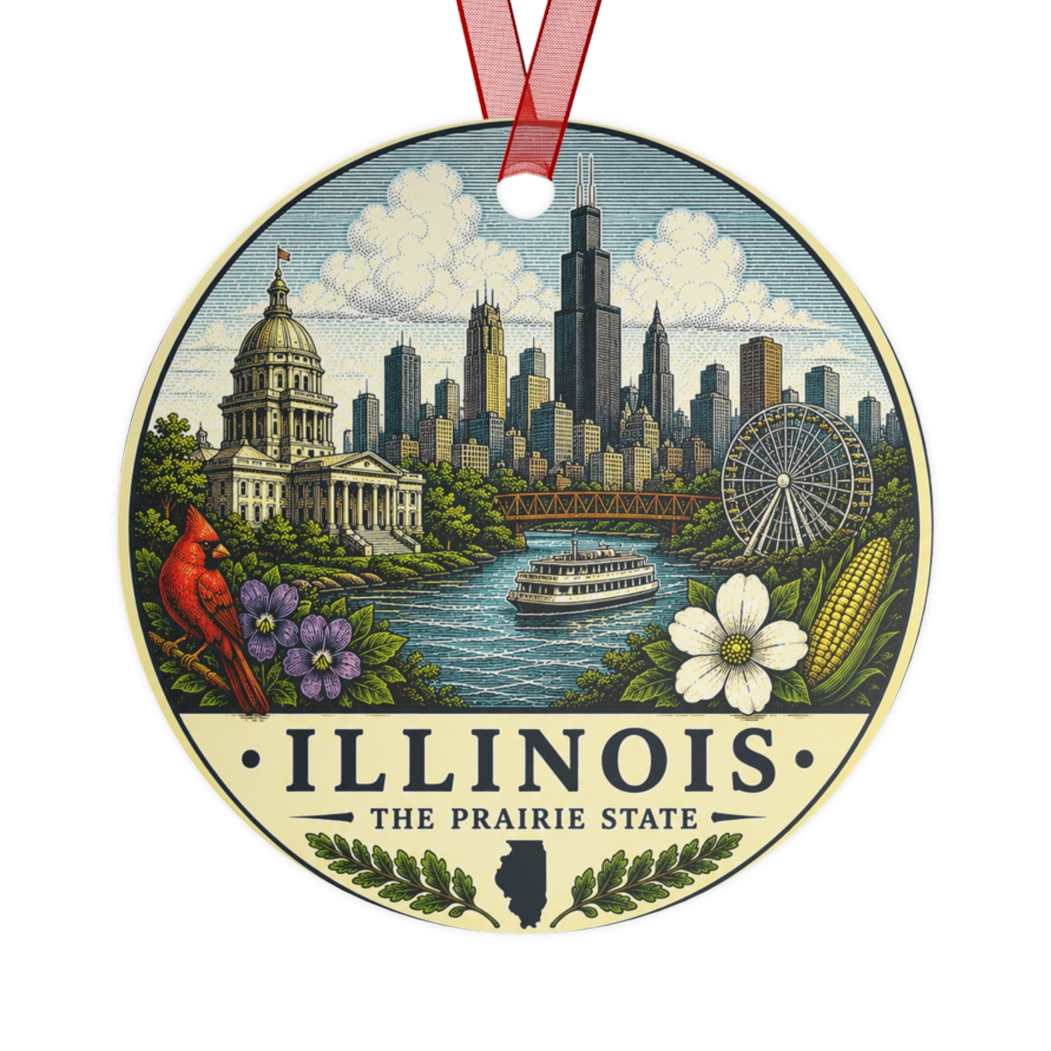 Illinois Skyline Ornament | Metal State Ornament, Chicago Riverboat & Cityscape