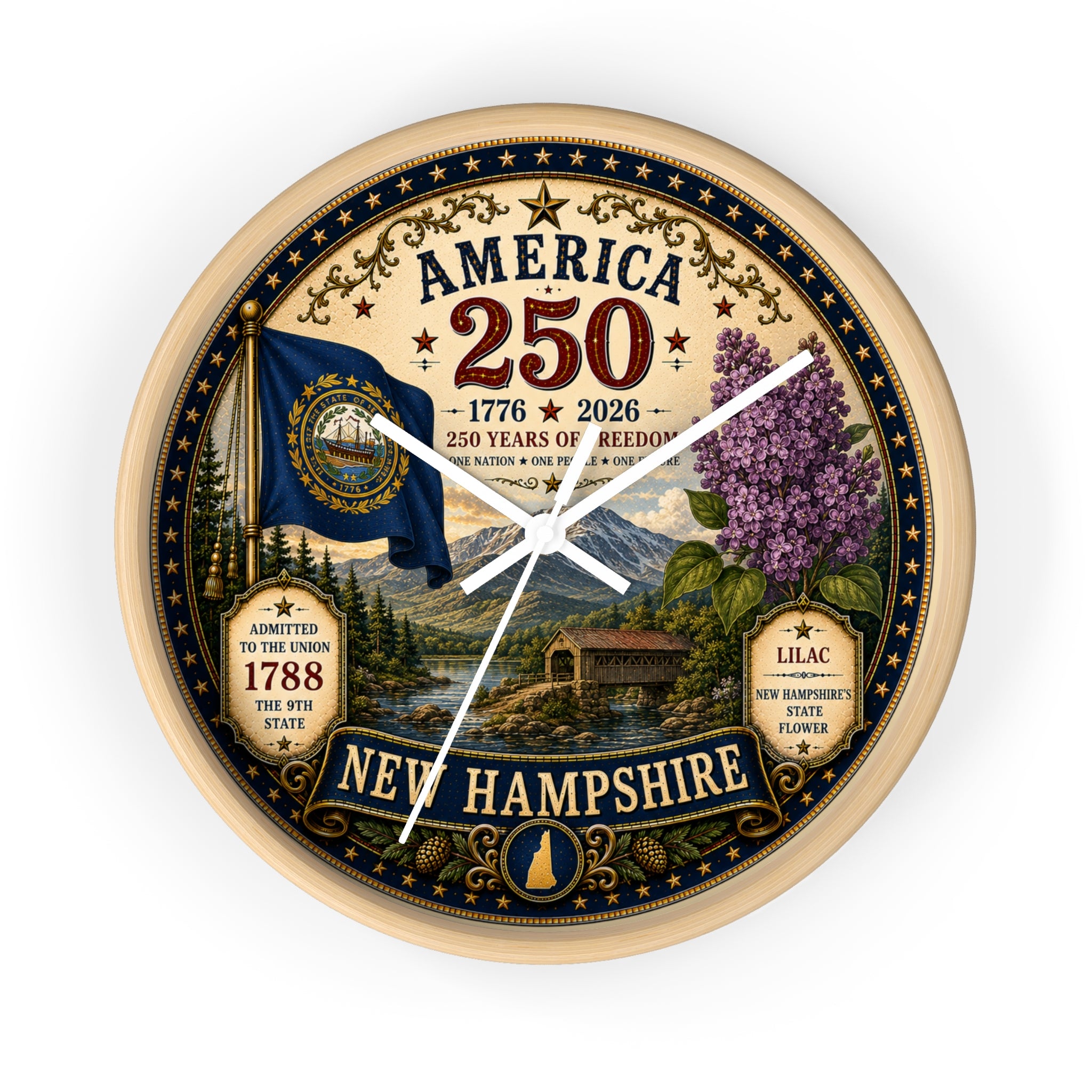 New Hampshire State Seal 250th Anniversary Wall Clock | America 1776-2026, Lilac, Rustic