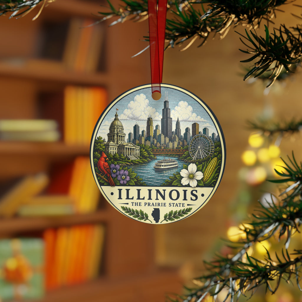 Illinois Skyline Ornament | Metal State Ornament, Chicago Riverboat & Cityscape