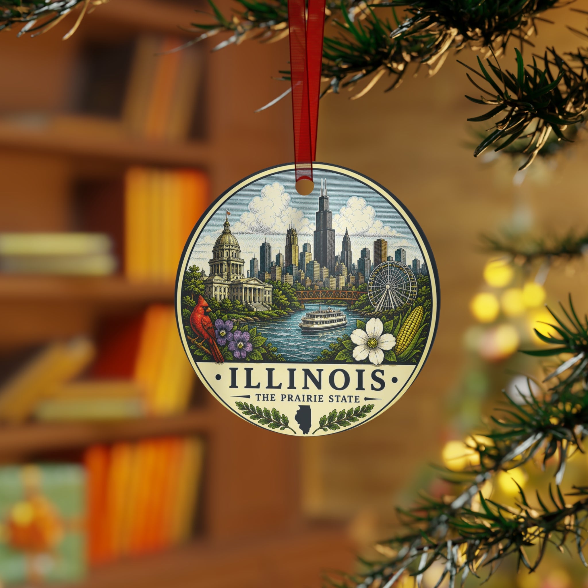 Illinois Skyline Ornament | Metal State Ornament, Chicago Riverboat & Cityscape