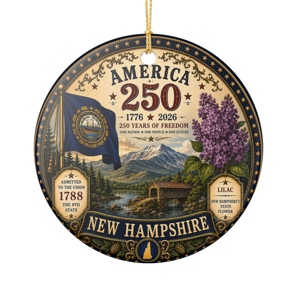 America 250 New Hampshire Ceramic Ornament | State Flag Lilac 1776-2026