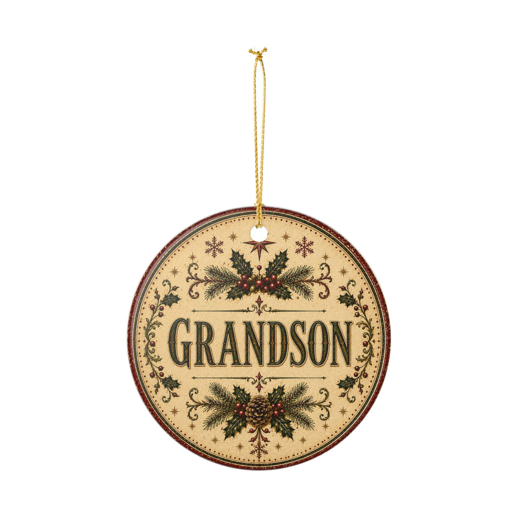 Grandson Christmas Ornament round ceramic ornament | vintage holly pinecone design