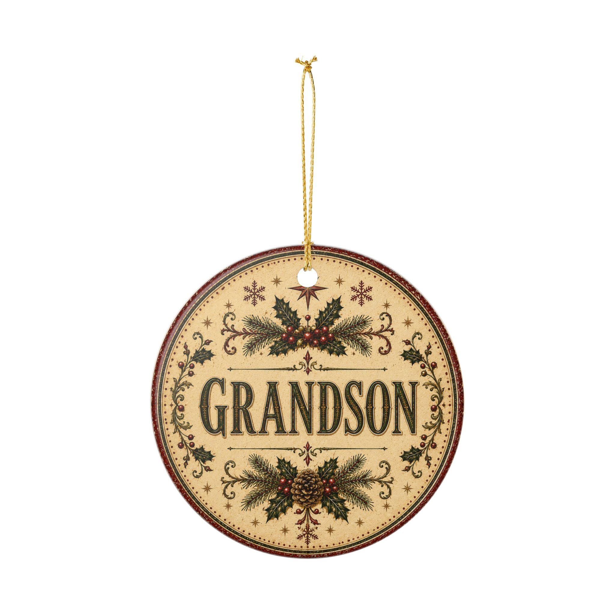 Grandson Christmas Ornament round ceramic ornament | vintage holly pinecone design