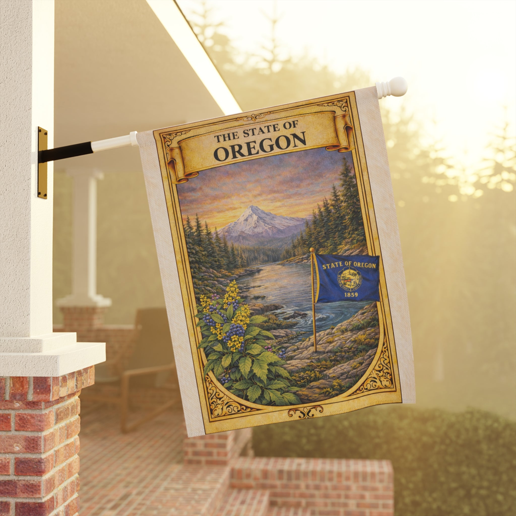 The State of Oregon scenic flag Garden Flag | Mt. Hood river landscape